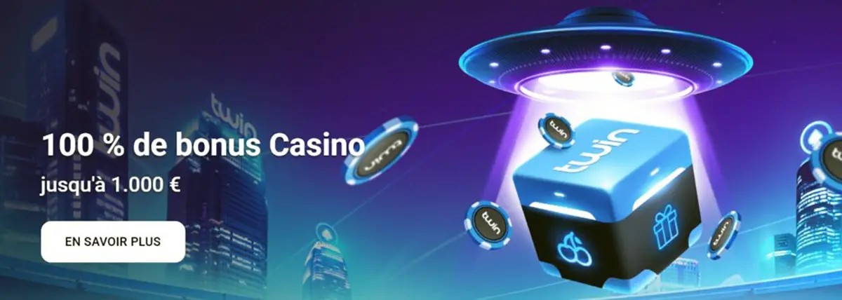 Promotional Twin Casino banner in French showing a UFO lifting a cube with the Twin logo and casino icons, advertising a 100% casino bonus up to €1,000 over a futuristic city background.