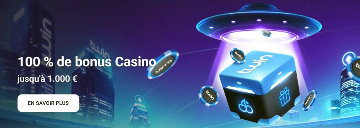 Promotional Twin Casino banner in French showing a UFO lifting a cube with the Twin logo and casino icons, advertising a 100% casino bonus up to €1,000 over a futuristic city background.