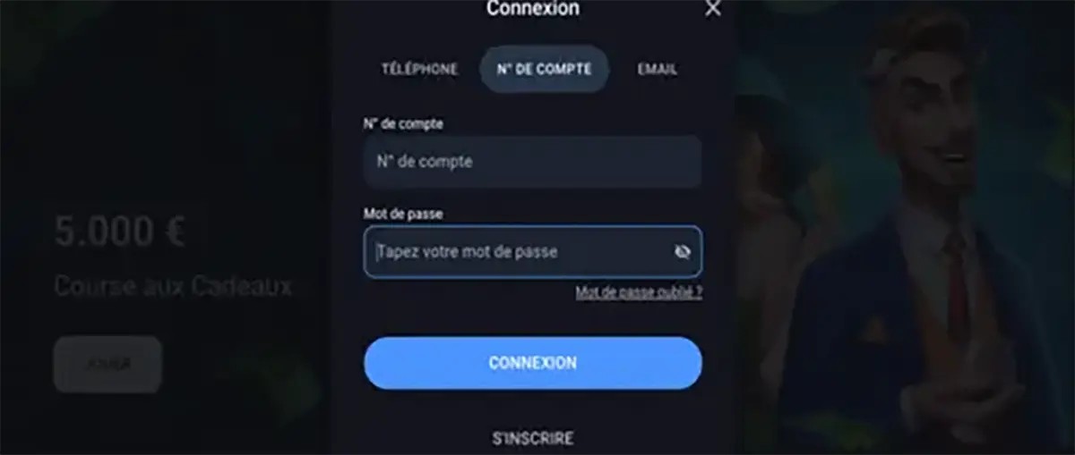 French login modal window on a casino website showing account number and password input fields with a blue “Connexion” button over a dark, blurred background.