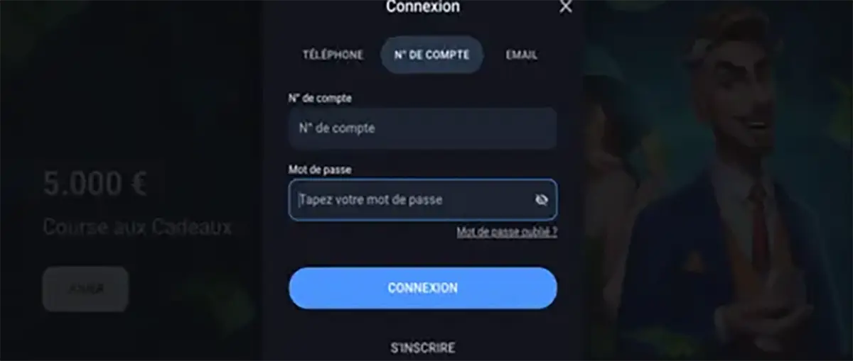 French login modal window on a casino website showing account number and password input fields with a blue “Connexion” button over a dark, blurred background.