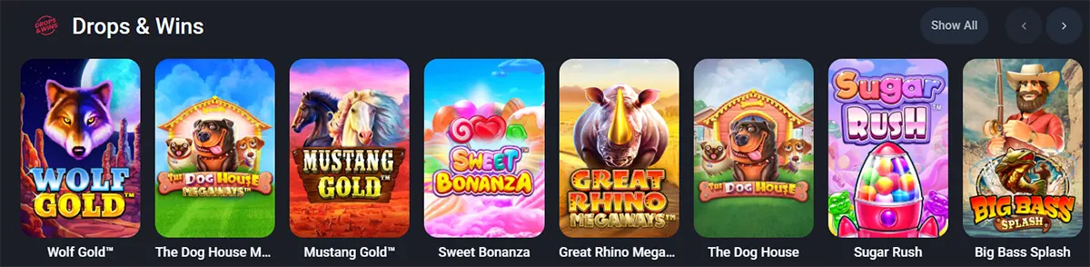 Casino “Drops & Wins” section featuring a row of popular slot games including Wolf Gold, The Dog House Megaways, Mustang Gold, Sweet Bonanza, Great Rhino Megaways, The Dog House, Sugar Rush, and Big Bass Splash on a dark-themed interface.
